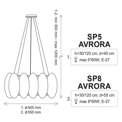 Lámpara suspendida con alambre AURORA 8xE27/60W/230V