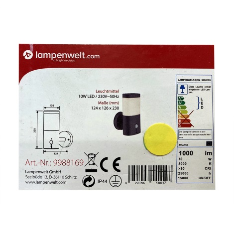 Lampenwelt - Lámpara de exterior LED con sensor LED/10W/230V IP44