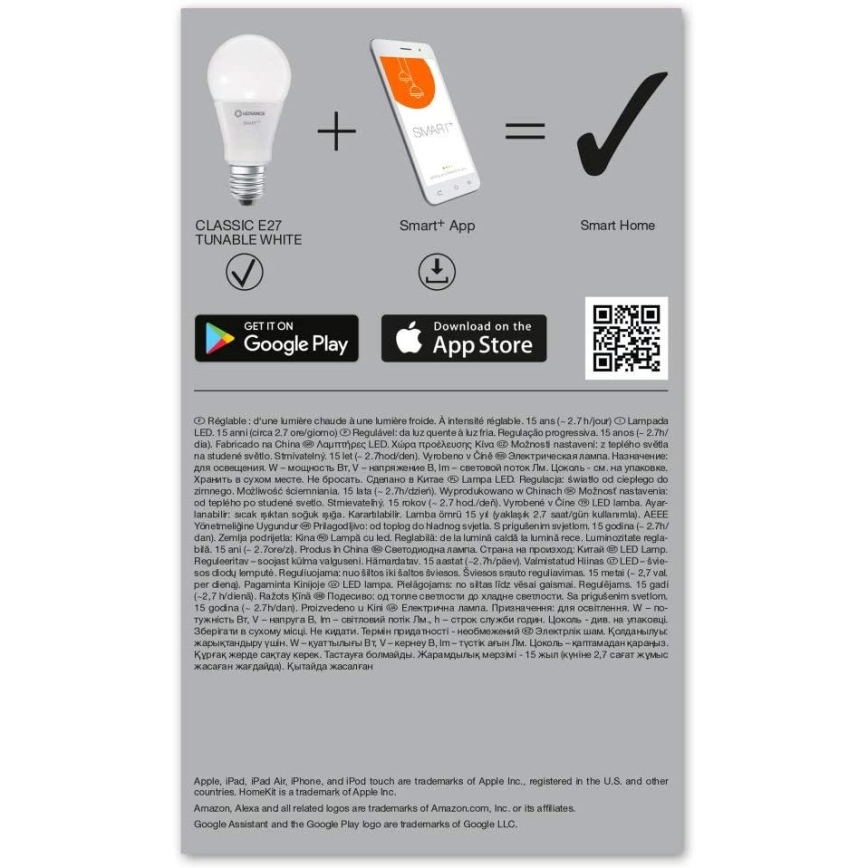 LED Bombilla regulable SMART+ E27/9,5W/230V 2700K-6500K Wi-Fi - Ledvance