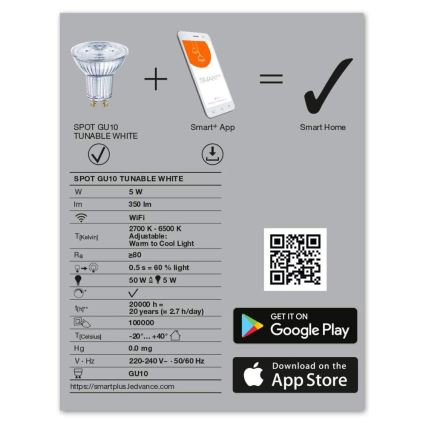 LED Bombilla regulable SMART+ GU10/5W/230V 2700K-6500K Wi-Fi - Ledvance