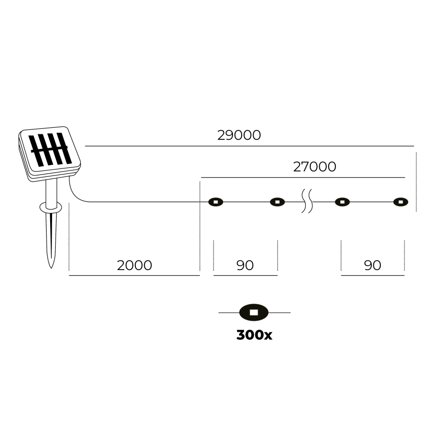 LED - Cadena solar 300xLED/0,12W/1,2V 1xAA 27 m IP44 3000K 800 mAh