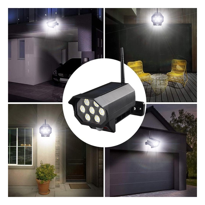 LED Cámara de video vigilancia falsa con sensor y con panel sol. LED/5W/5,5V 800 mAh IP65 + control remoto