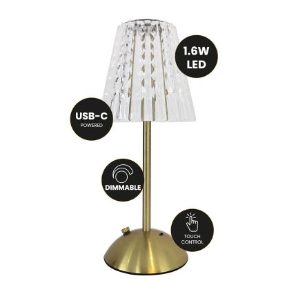 Lámpara de mesa LED regulable táctil recargable ELBA LED/1,6W/800 mAh 3000/4000/6000K dorado/transparente