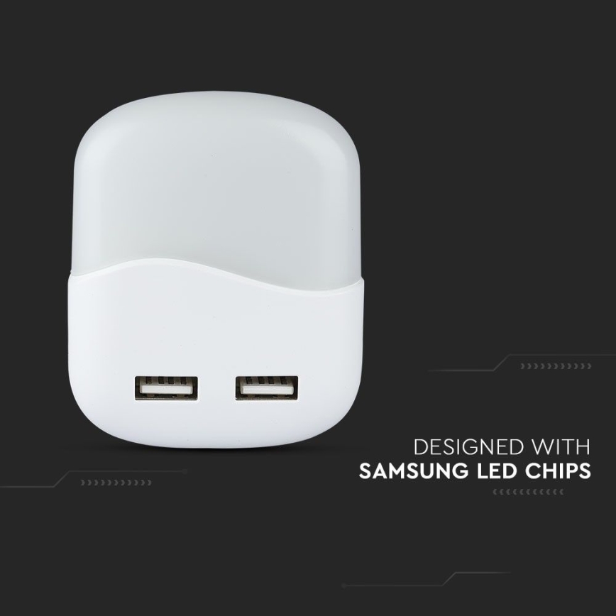 LED Luz nocturna de enchufe con sensor crepuscular 2xUSB LED/0,45W/230V 3000K