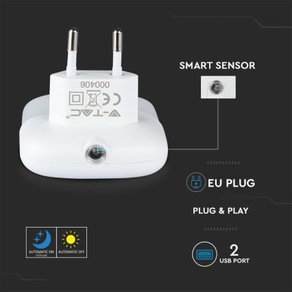 LED Luz nocturna de enchufe con sensor crepuscular 2xUSB LED/0,45W/230V 3000K