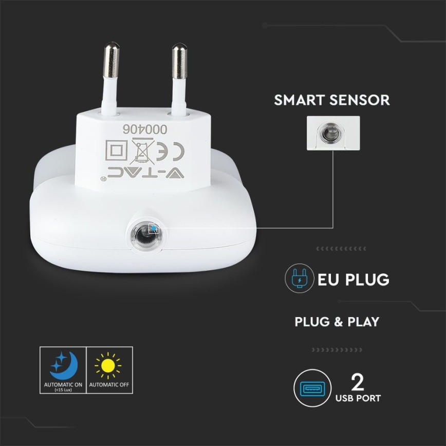 LED Luz nocturna de enchufe con sensor crepuscular 2xUSB LED/0,45W/230V 3000K