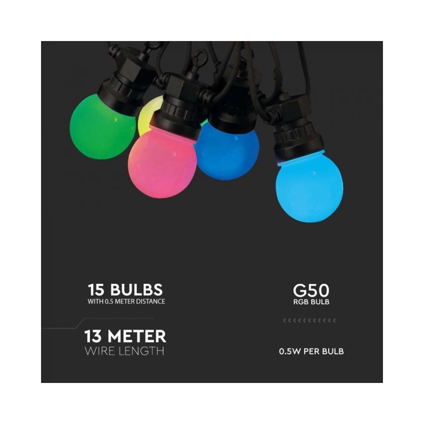 LED RGB Cadena de exterior STRING 13 m 15xLED/0,5W/230V IP44 + control remoto