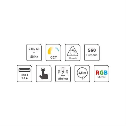 LED RGB Lámpara de mesa táctil recargable y regulable con carga inalámbrica LED/7,5W/5V 2700-5300K blanco
