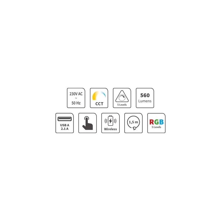 LED RGB Lámpara de mesa táctil recargable y regulable con carga inalámbrica LED/7,5W/5V 2700-5300K blanco