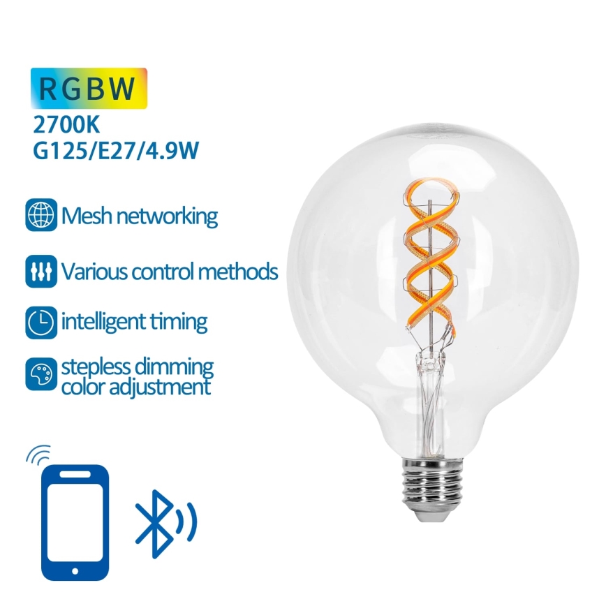 Bombilla LED RGBW regulable FILAMENT MESH Inteligente G125 E27/4,9W/230V 2700K - Aigostar