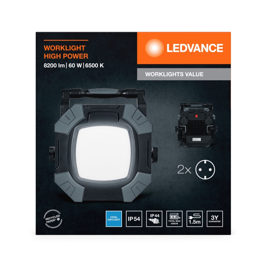Ledvance - Lámpara de trabajo LED regulable con 2 enchufes WORKLIGHT VALUE LED/60W/230V IP54
