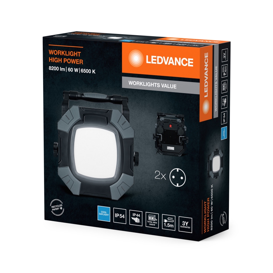 Ledvance - Lámpara de trabajo LED regulable con 2 enchufes WORKLIGHT VALUE LED/60W/230V IP54