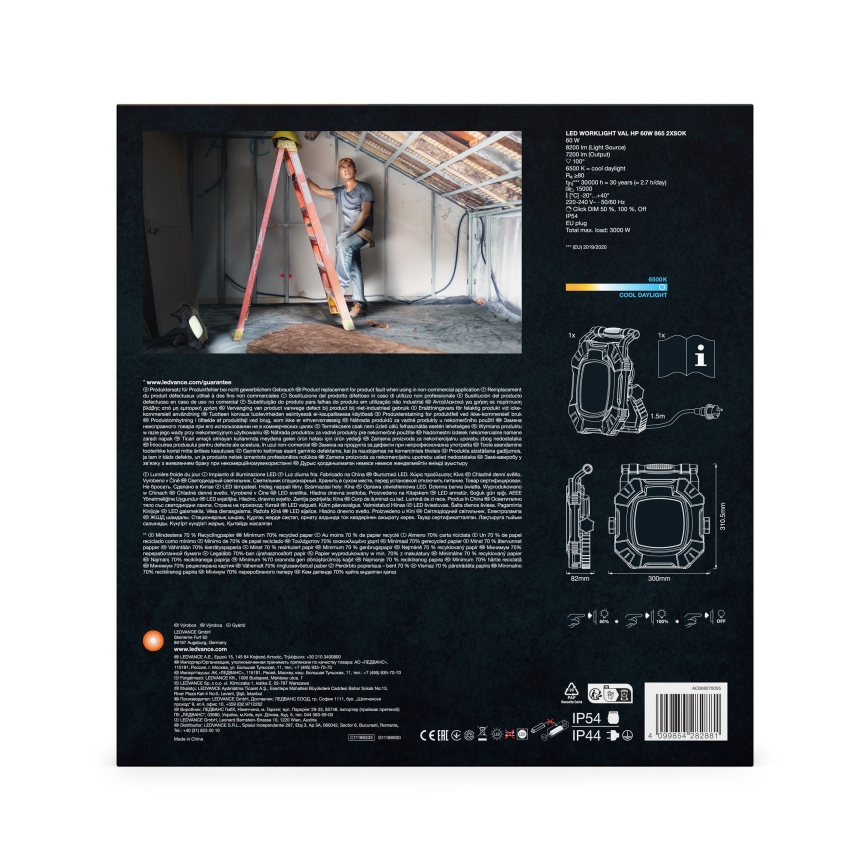 Ledvance - Lámpara de trabajo LED regulable con 2 enchufes WORKLIGHT VALUE LED/60W/230V IP54