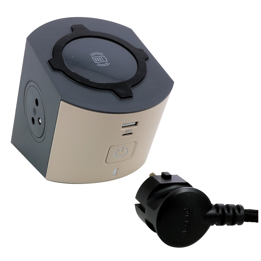 Legrand 049402 - Regleta de enchufes con interruptor 2Z Tipo E + USB-A + USB-C y cargador inalámbrico 10W 2m marrón