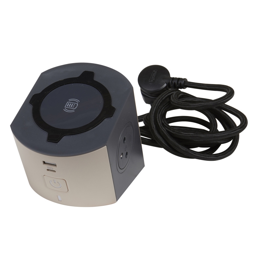 Legrand 049402 - Regleta de enchufes con interruptor 2Z Tipo E + USB-A + USB-C y cargador inalámbrico 10W 2m marrón