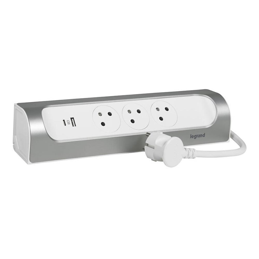 Legrand 049406 - Cable de extensión 3Z Tipo E + USB-A + USB-C 1m plata/blanco