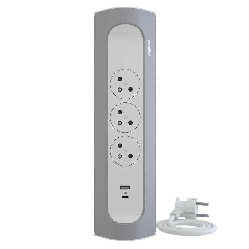 Legrand 049406 - Cable de extensión 3Z Tipo E + USB-A + USB-C 1m plata/blanco