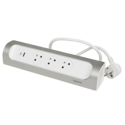 Legrand 049406 - Cable de extensión 3Z Tipo E + USB-A + USB-C 1m plata/blanco