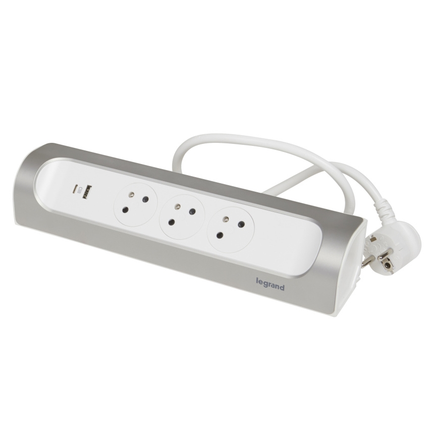 Legrand 049406 - Cable de extensión 3Z Tipo E + USB-A + USB-C 1m plata/blanco