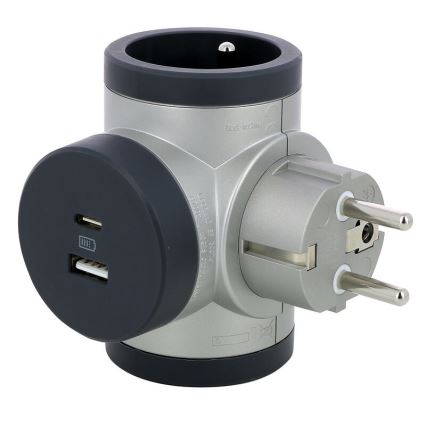 Legrand 049439 - Adaptador Giratorio 2PT + USB-A + USB-C plata/negro