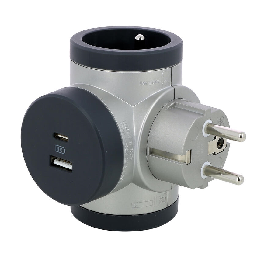 Legrand 049439 - Adaptador Giratorio 2PT + USB-A + USB-C plata/negro