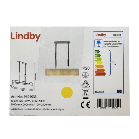 Lindby - Lámpara colgante regulable MARIAT 4xE27/60W/230V