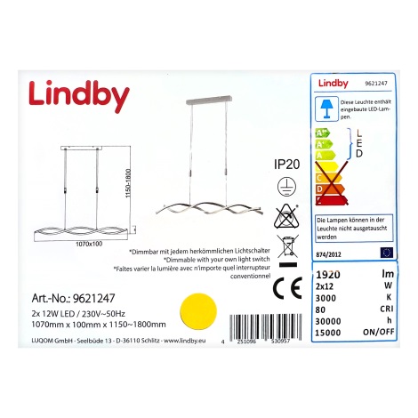 Lindby - Lámpara de araña LED regulable en cadena AURON 2xLED/12W/230V