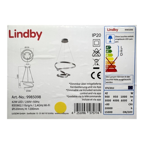Lindby - Lámpara de araña LED regulable VERIO LED/230V + control remoto