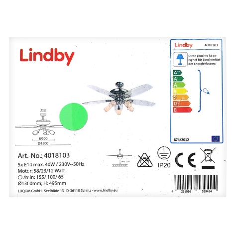 Lindby - Ventilador de techo con luz CEDRIK 5xE14/40W/230V