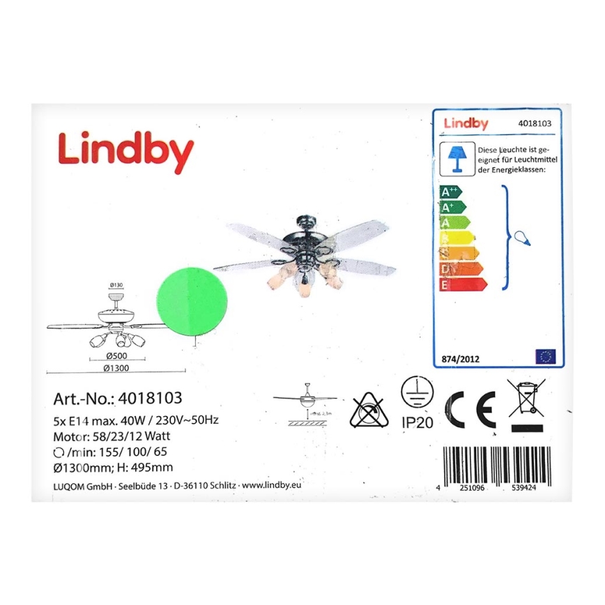 Lindby - Ventilador de techo con luz CEDRIK 5xE14/40W/230V