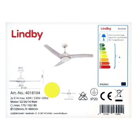Lindby - Ventilador de techo EMANUEL 2xE14/42W/230V + mando a distancia