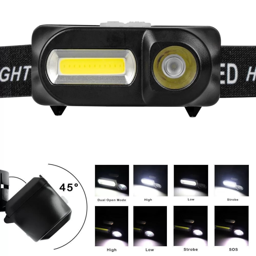 Linterna frontal LED recargable y regulable 2xLED/5V IP44 210 brillante 2000 mAh