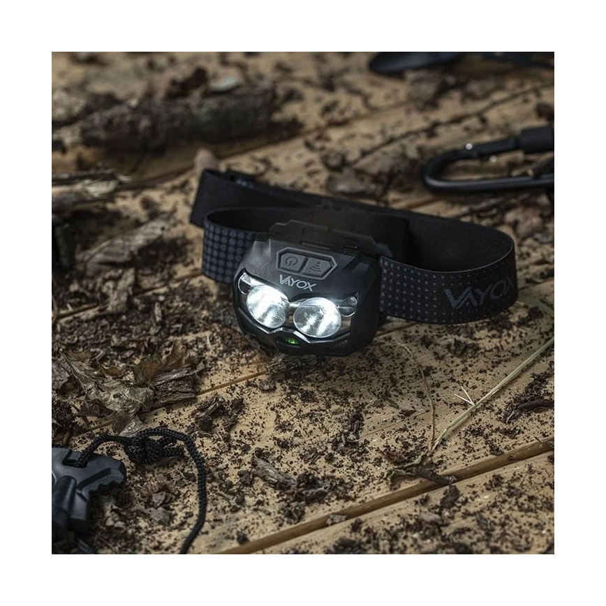 Linterna frontal LED recargable y regulable con sensor y luz roja 2xLED/5W/5V/3xAAA IP65 500 brillante 1200 mAh