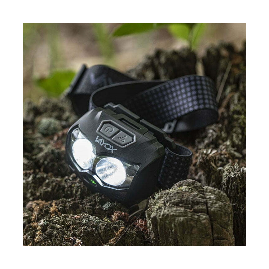 Linterna frontal LED recargable y regulable con sensor y luz roja 2xLED/5W/5V/3xAAA IP65 500 brillante 1200 mAh