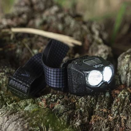 Linterna frontal LED recargable y regulable con sensor y luz roja 2xLED/5W/5V/3xAAA IP65 500 brillante 1200 mAh
