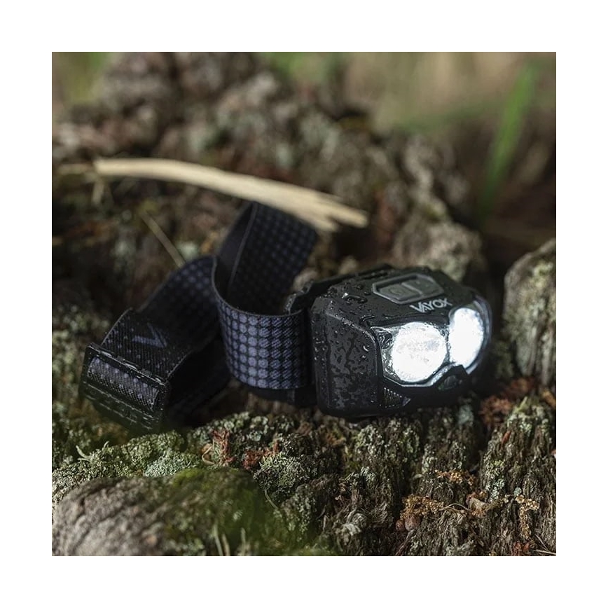 Linterna frontal LED recargable y regulable con sensor y luz roja 2xLED/5W/5V/3xAAA IP65 500 brillante 1200 mAh
