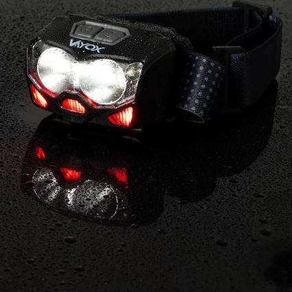 Linterna frontal LED recargable y regulable con sensor y luz roja 2xLED/5W/5V/3xAAA IP65 500 brillante 1200 mAh