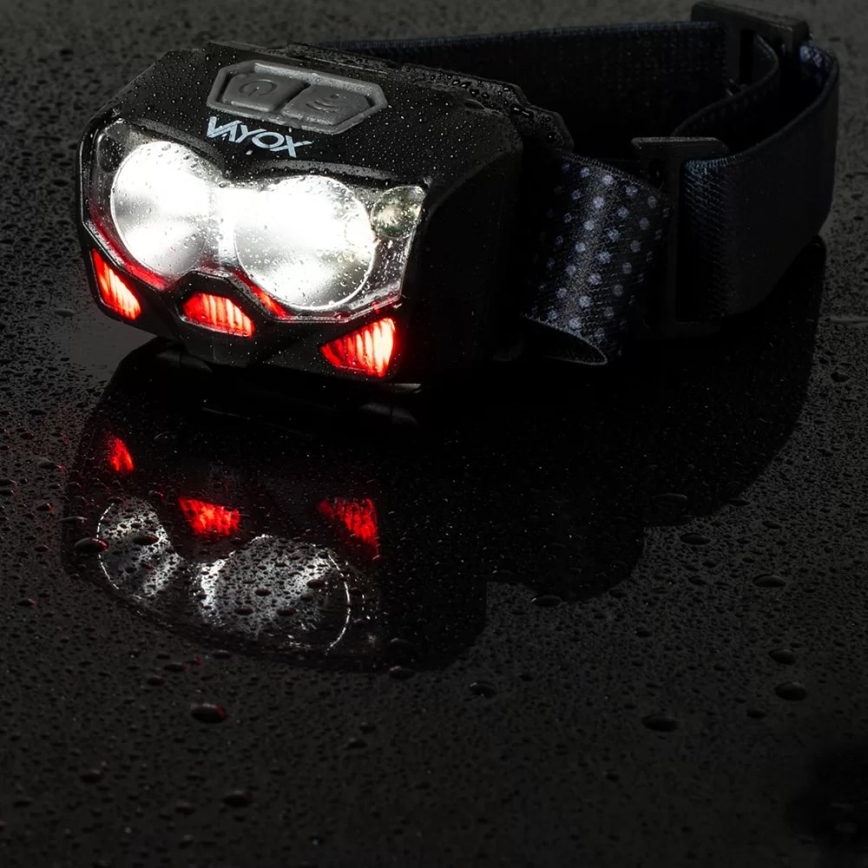 Linterna frontal LED recargable y regulable con sensor y luz roja 2xLED/5W/5V/3xAAA IP65 500 brillante 1200 mAh