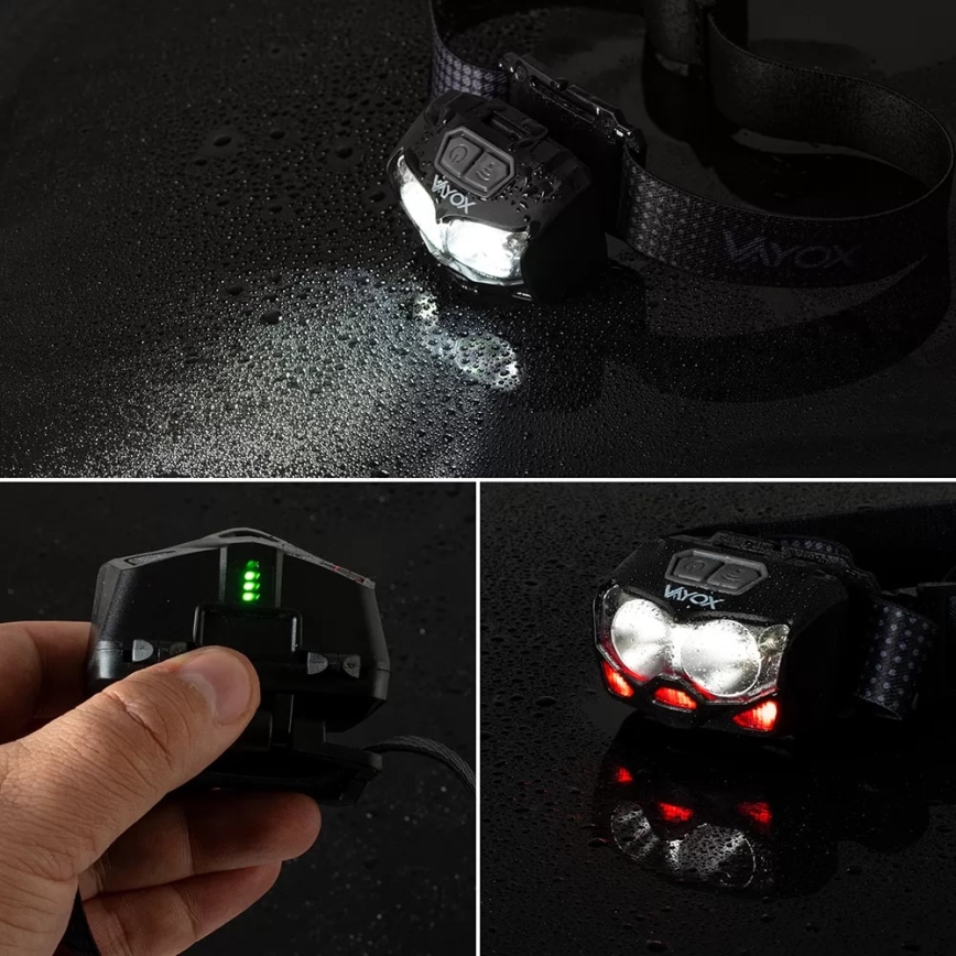 Linterna frontal LED recargable y regulable con sensor y luz roja 2xLED/5W/5V/3xAAA IP65 500 brillante 1200 mAh