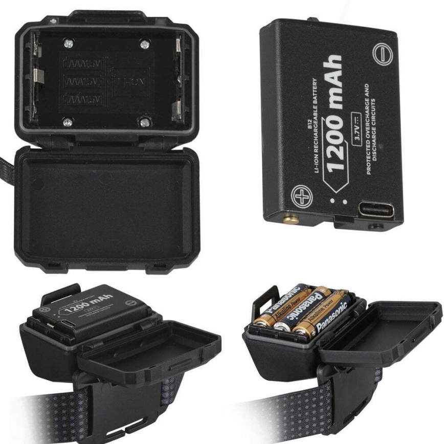 Linterna frontal LED recargable y regulable con sensor y luz roja 2xLED/5W/5V/3xAAA IP65 500 brillante 1200 mAh