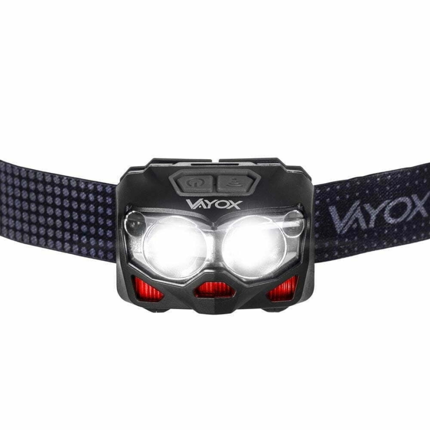 Linterna frontal LED recargable y regulable con sensor y luz roja 2xLED/5W/5V/3xAAA IP65 500 brillante 1200 mAh