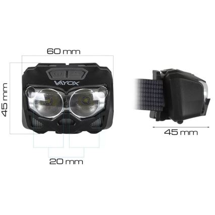 Linterna frontal LED recargable y regulable con sensor y luz roja 2xLED/5W/5V/3xAAA IP65 500 brillante 1200 mAh