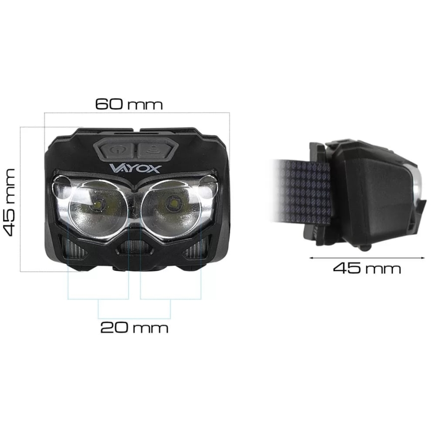 Linterna frontal LED recargable y regulable con sensor y luz roja 2xLED/5W/5V/3xAAA IP65 500 brillante 1200 mAh