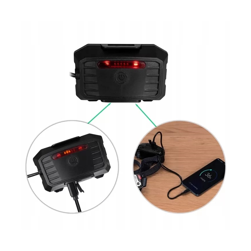 Linterna frontal LED recargable y regulable con sensor con función power bank y luz roja LED/10W/5V IP44 1200 brillante 4000 mAh