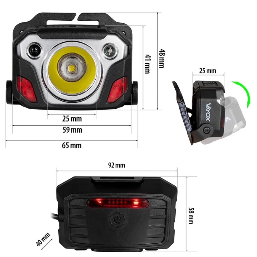 Linterna frontal LED recargable y regulable con sensor con función power bank y luz roja LED/10W/5V IP44 1200 brillante 4000 mAh