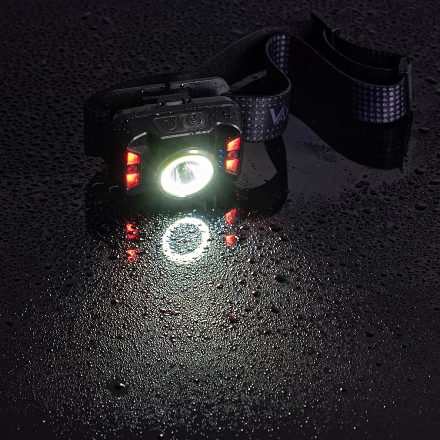 Linterna frontal LED recargable y regulable con sensor y luz roja LED/15W/5V IP66 430 brillante 1800 mAh