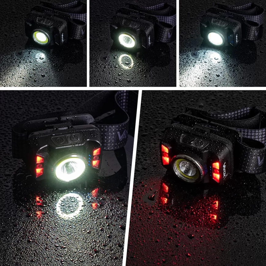 Linterna frontal LED recargable y regulable con sensor y luz roja LED/15W/5V IP66 430 brillante 1800 mAh