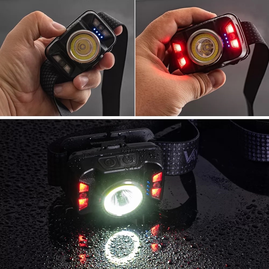 Linterna frontal LED recargable y regulable con sensor y luz roja LED/15W/5V IP66 430 brillante 1800 mAh