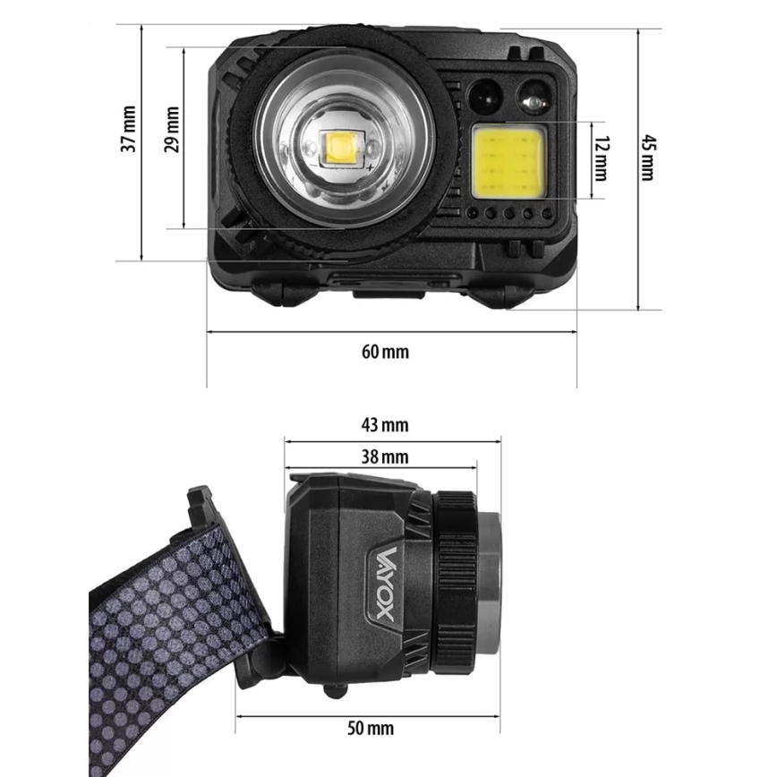 Linterna frontal LED recargable y regulable con sensor y luz roja LED/6W/5V/3xAAA IP44 500 brillante 1200 mAh