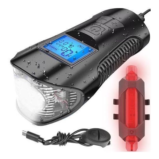 Linterna recargable LED para bicicleta con contador LED y timbre LED/1500 mAh IP65